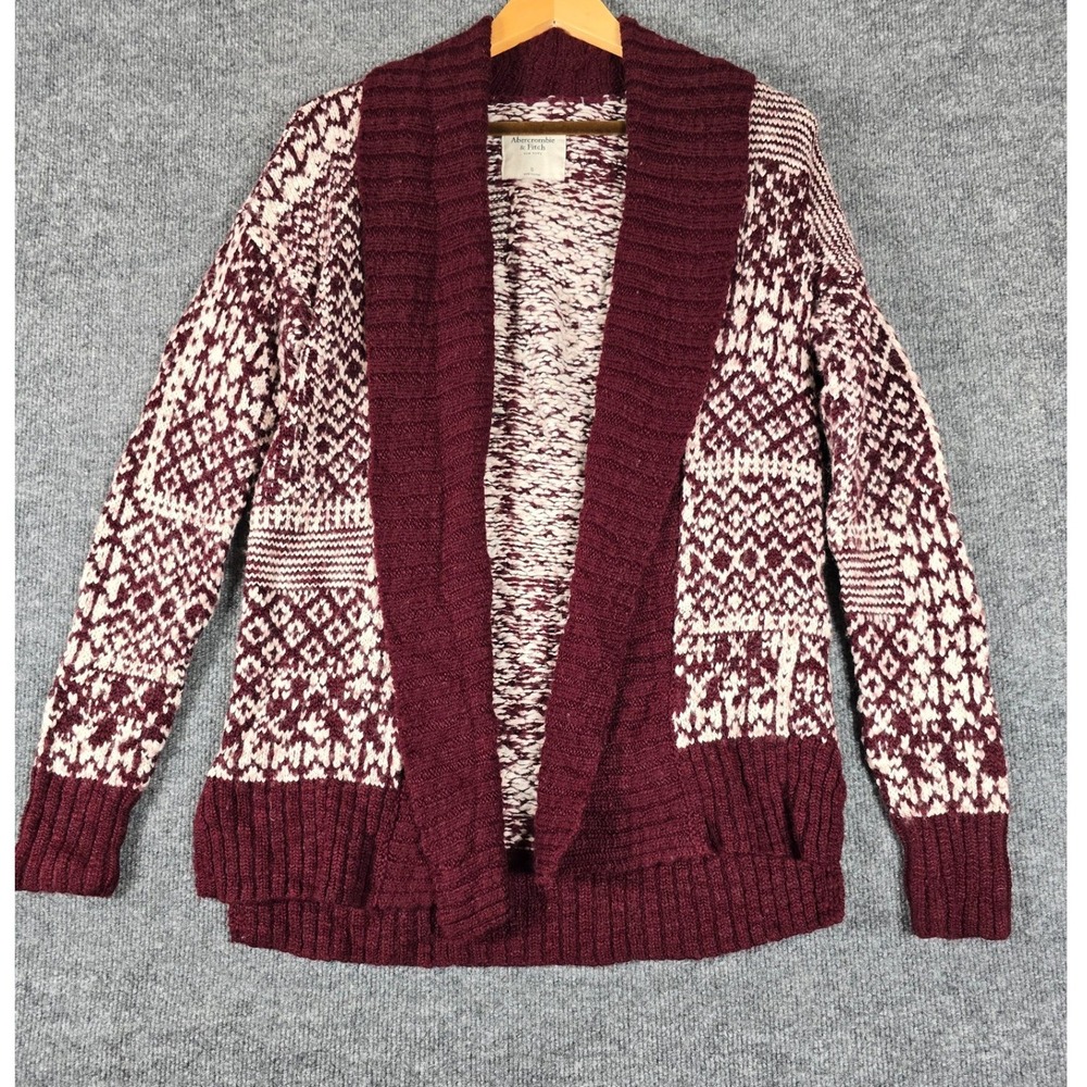 Abercrombie‎ Fitch Fair Isle Shawl Collar Cardigan Burgundy Cream Women's Size S